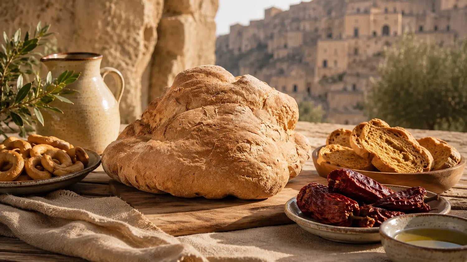 Pane di Matera su tavola rustica con taralli, friselle e peperoni cruschi, sullo sfondo i Sassi di Matera.