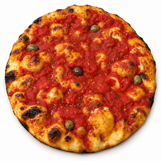 Focaccia al pelato di Matera con pomodoro e olive vista dall'alto - Panificio Perrone