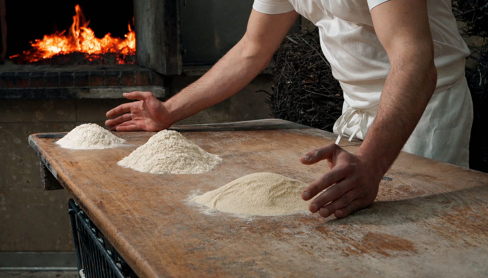 Fornaio a lavoro con i tre tipi di farine