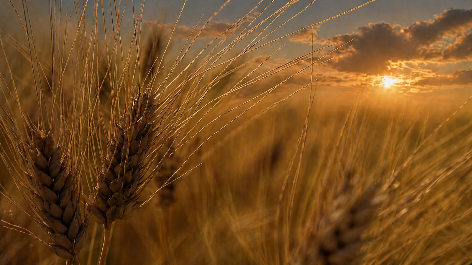 Spighe di grano dorato in primo piano, illuminate da una luce calda, con il cielo luminoso sullo sfondo.